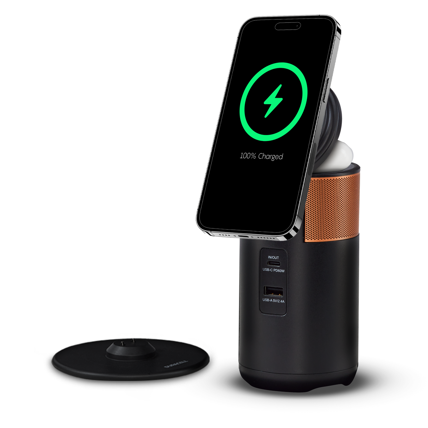 M100 charger wirelessly charging a phone on the magnetic lid