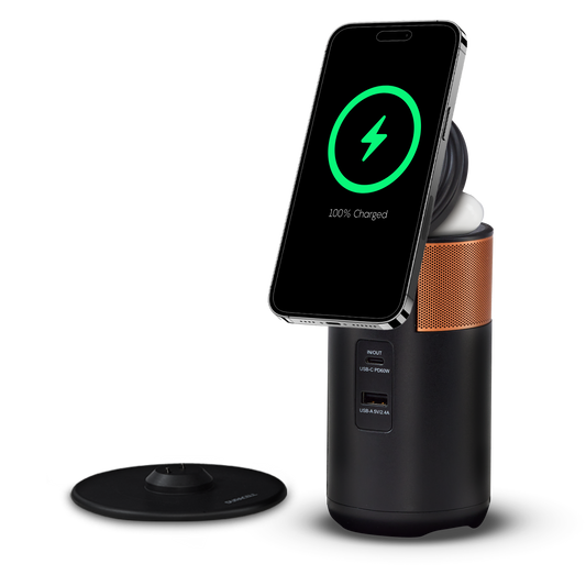 M100 charger wirelessly charging a phone on the magnetic lid