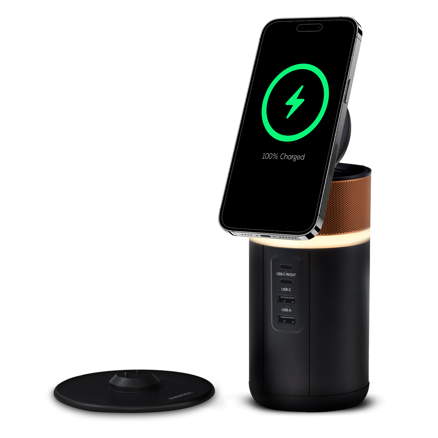 Duracell M150 charger with a phone wirelessly charging and the charging dock next to the charger