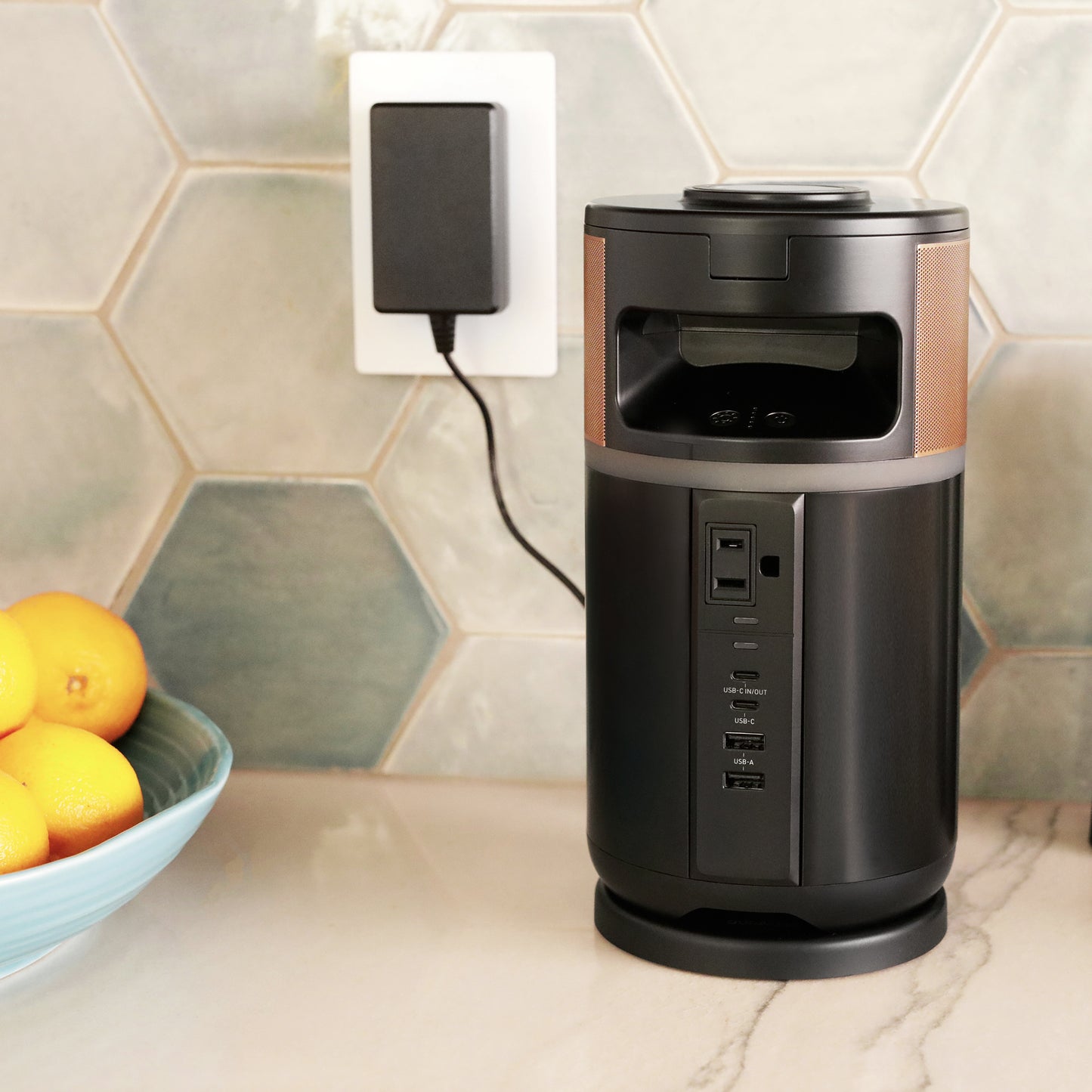 Duracell charging hub on a kitchen counter