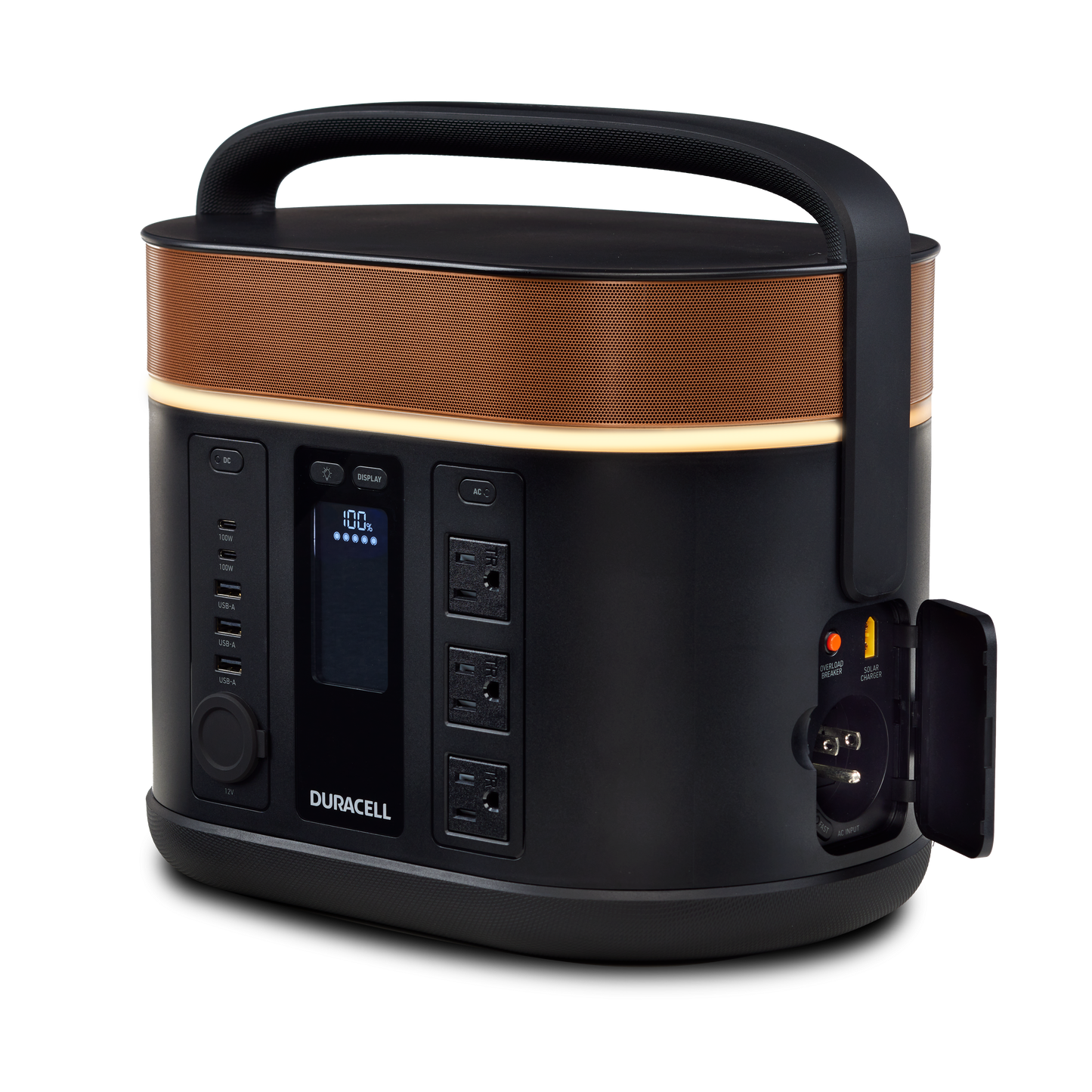 Duracell G800 portable power station shown at an angle with 2 AC Ports (350W each; 2 ports share a total of 350W, 3 USB-A ports (3 ports share a total of 7.2A), 1 USC C Port (100W output)