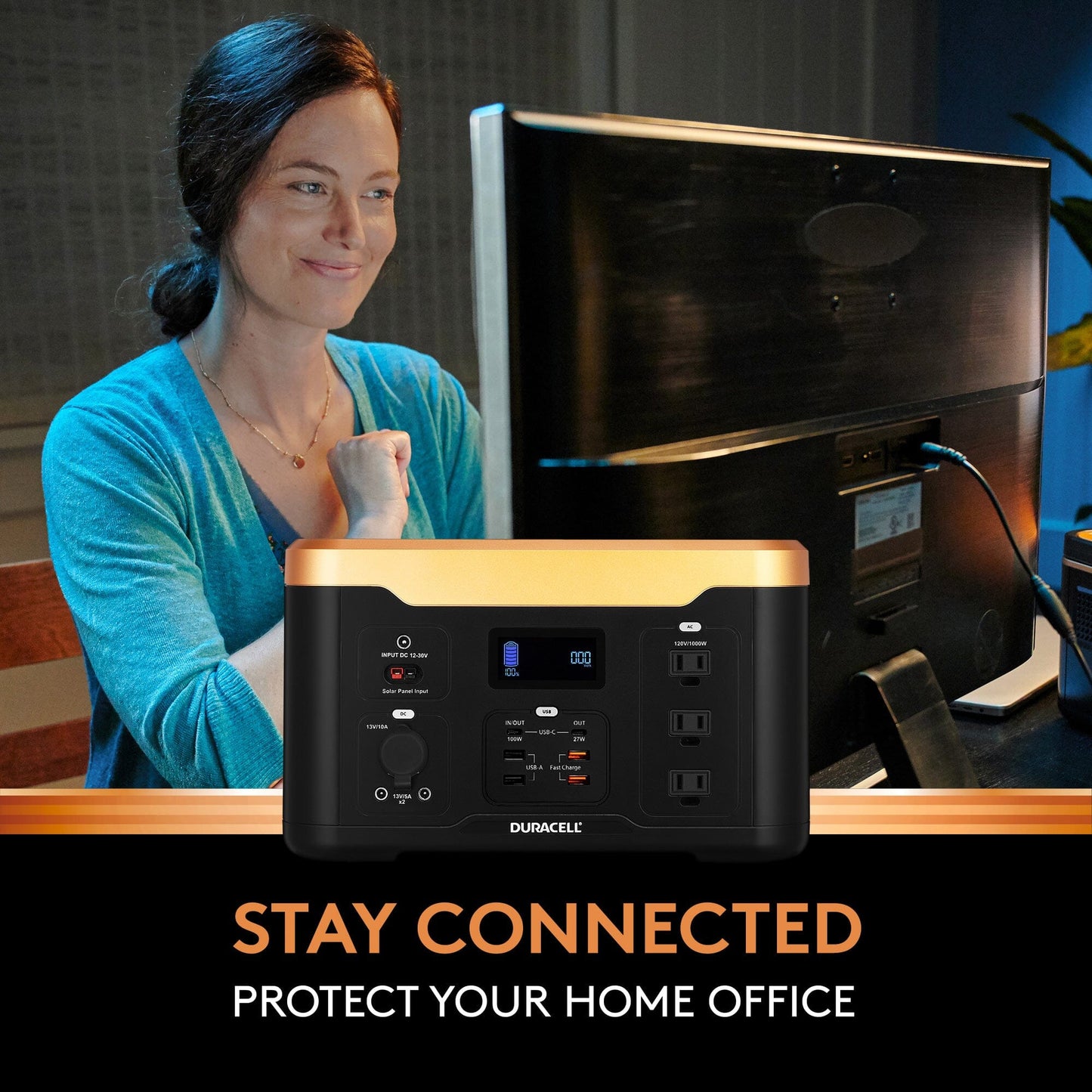 Image of a woman who is able to work on her computer in a power outage thanks to the Power 1000.