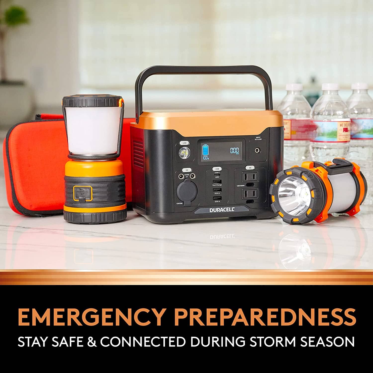Emergency home backup kit with a power station, flashlight, and first-aide kit.