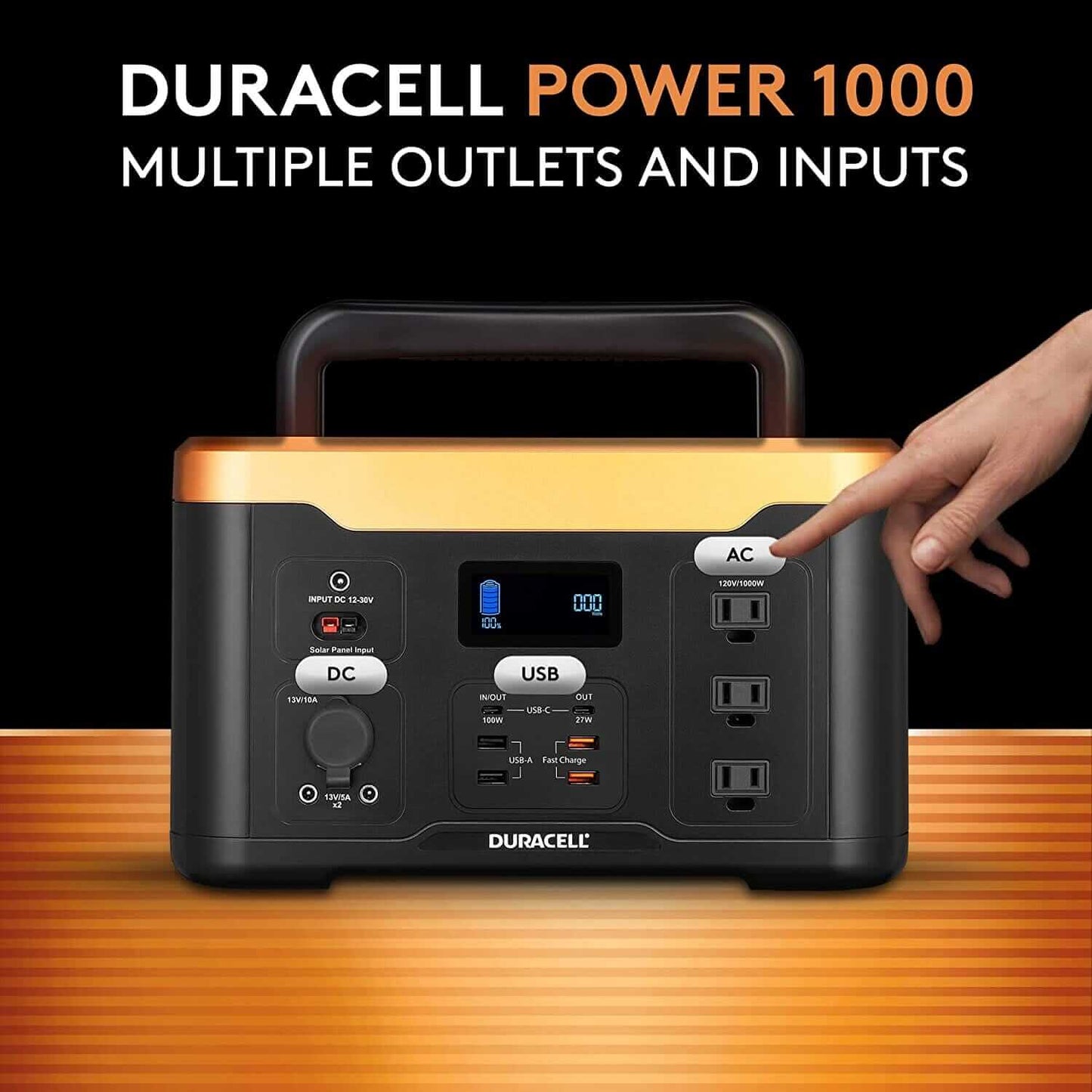 Power station with hand pointing at the multiple outlets and inputs.