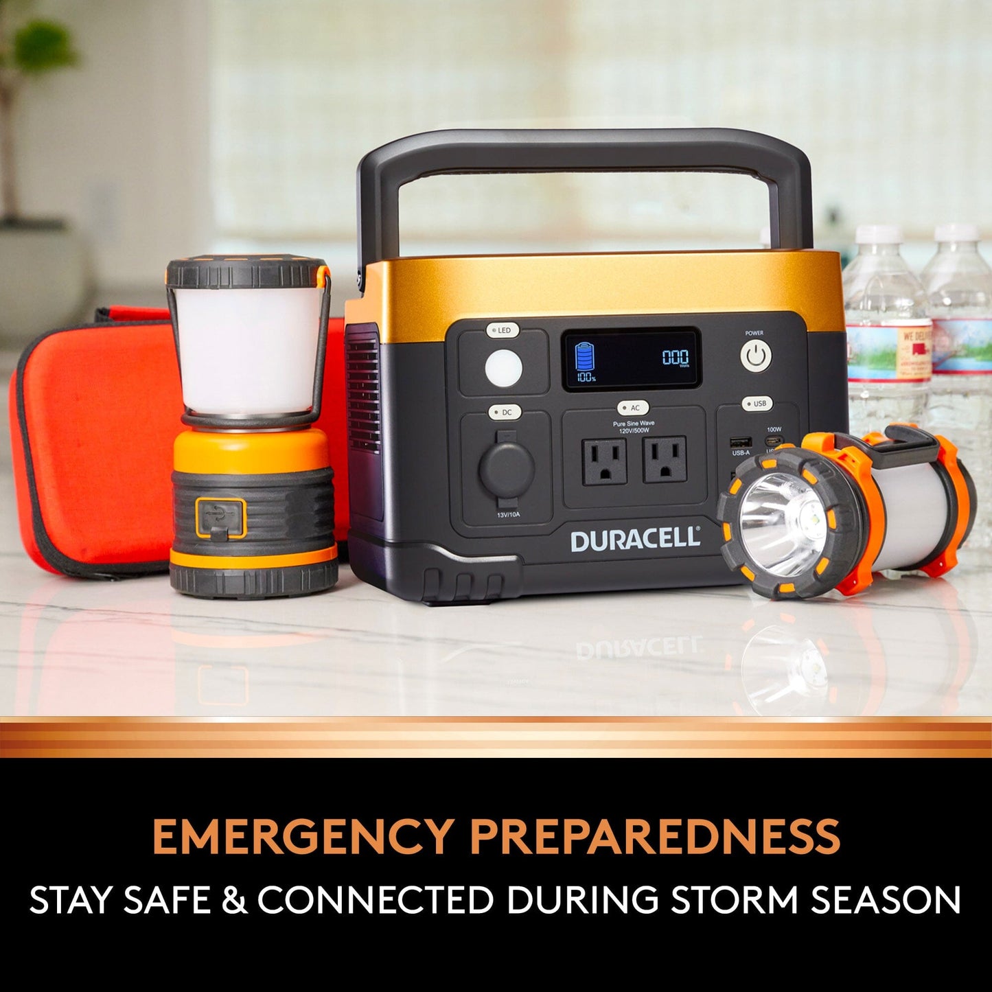 Emergency home backup kit with a power station, flashlight, and first-aide kit.