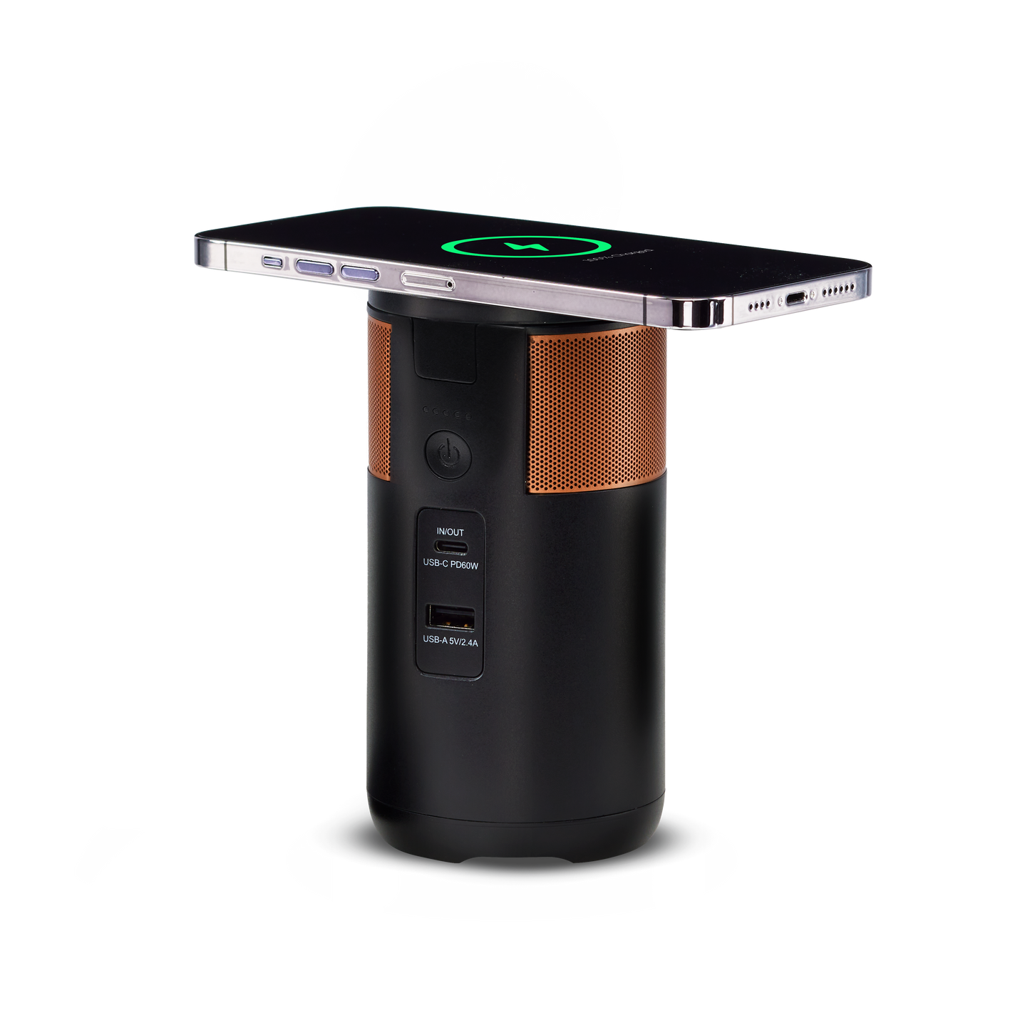 Duracell M100 portable charging hub with the tiltable lid down and a smartphone wirelessly charging on it