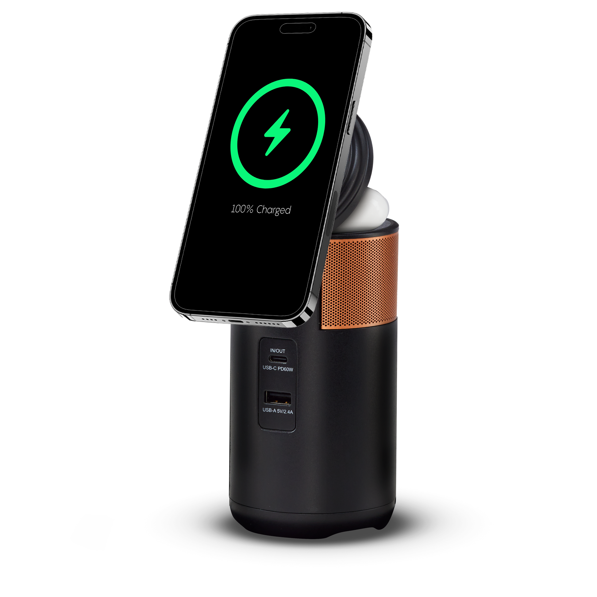 Duracell M100 portable charging hub with the tiltable lid up and a smartphone charging on it