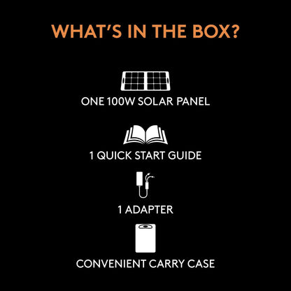 Graphic showing what's in the box. Te box includes a solar panel, a quick start guide, an adapter, and a convenient carry-case.