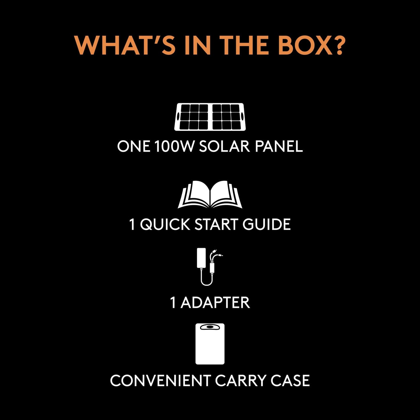 Graphic showing what's in the box. Te box includes a solar panel, a quick start guide, an adapter, and a convenient carry-case.