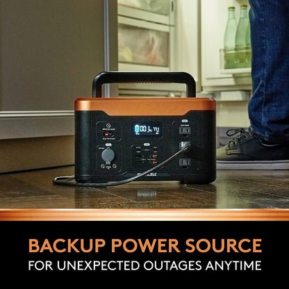 Unit on the floor in front of a refrigerator during a blackout. The power station is powering the refrigerator.